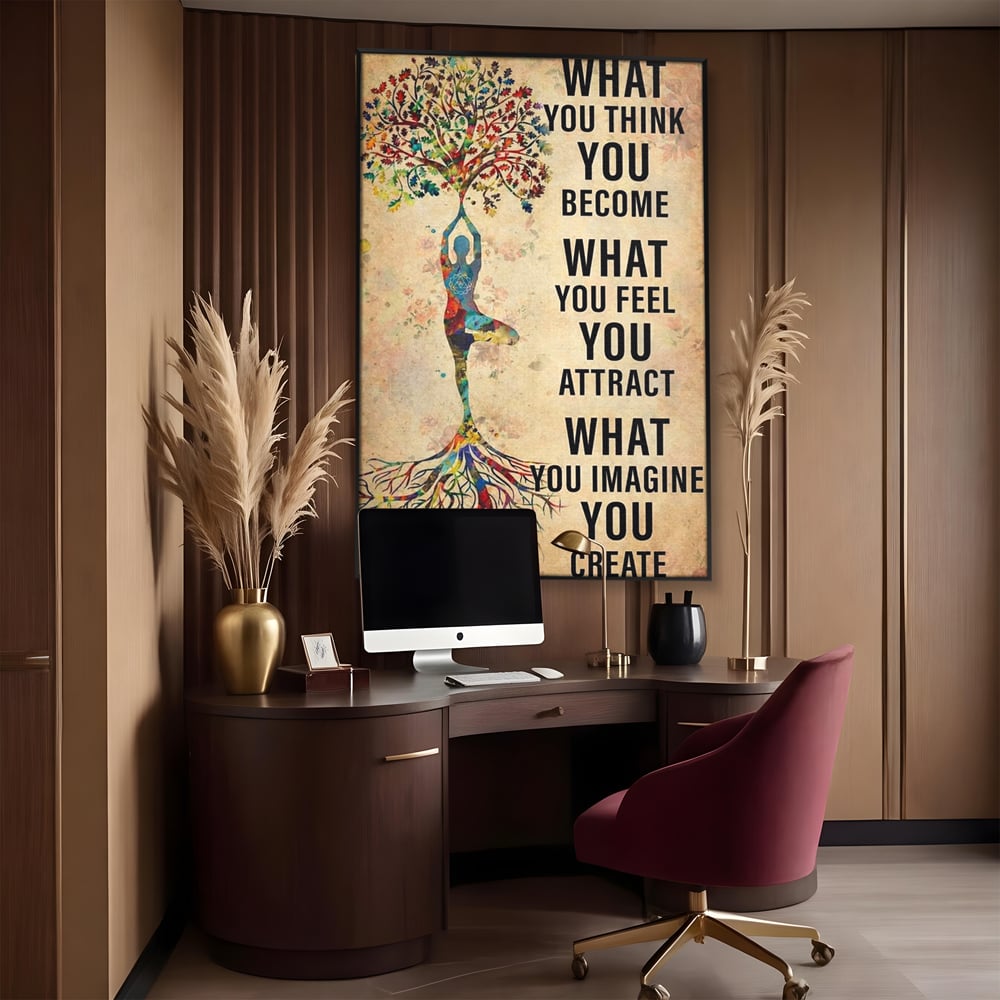 Tablou canvas cu tablou canvas motivational cu silueta si copac, in rama de aluminiu negru, pe perete intr-un birou